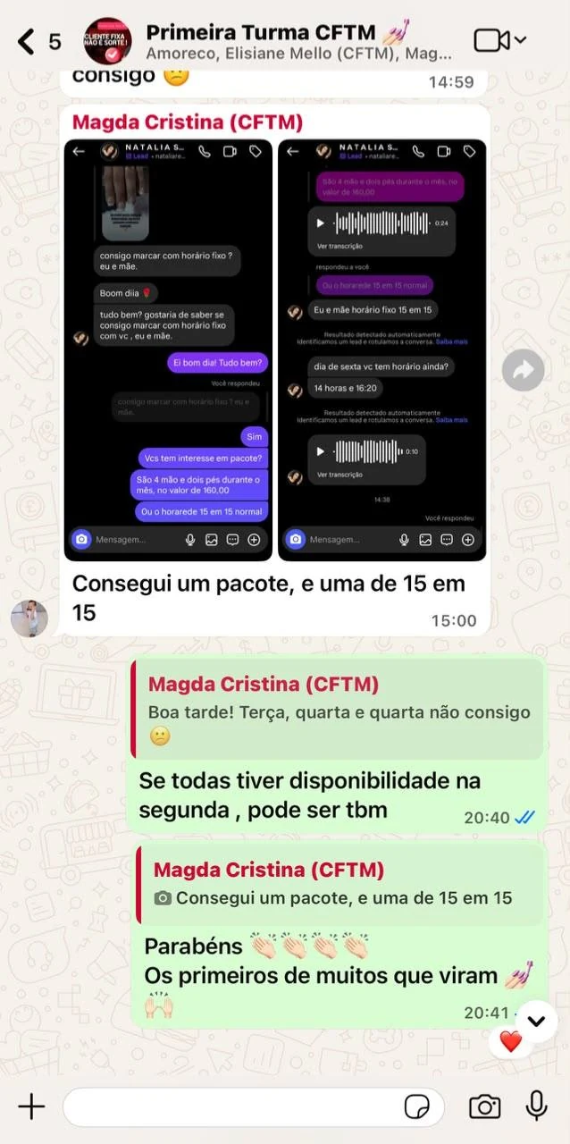 Aluna anunciando no grupo que fechou o primeiro pacote e uma cliente de quinze em quinze