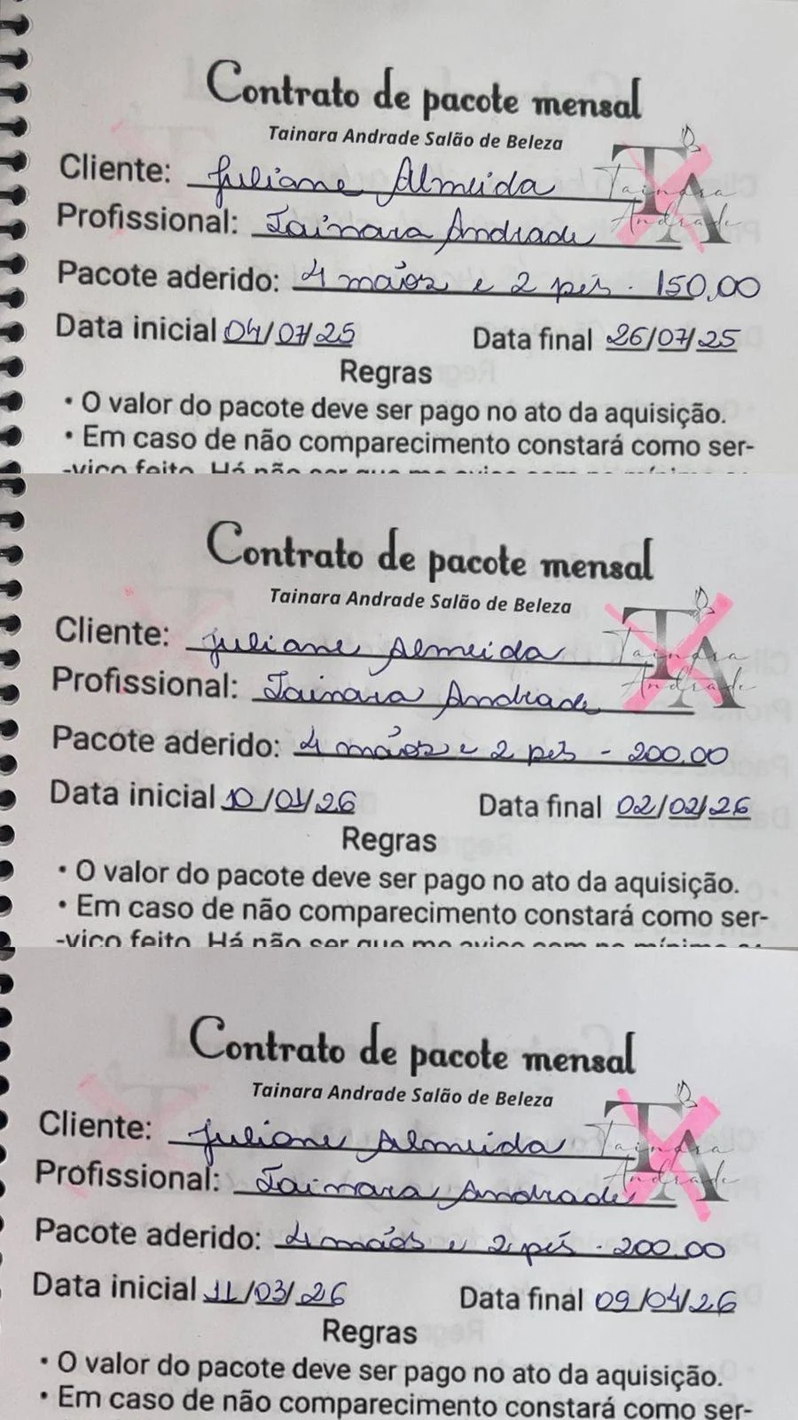 Tres contratos de pacote mensal da mesma cliente, de R$ 150 para R$ 200